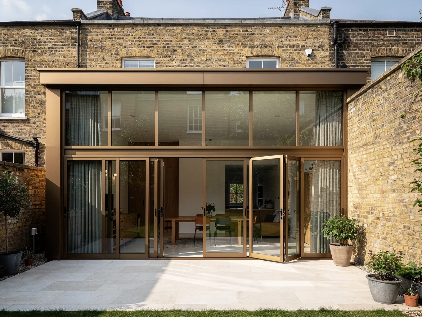 St Albans residential rear extension with bronze structural glazing and stone terrace