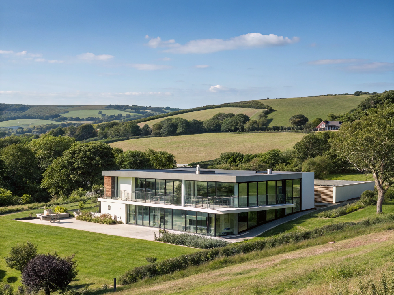 Linear timber and glass contemporary residential new build in Harpenden landscape