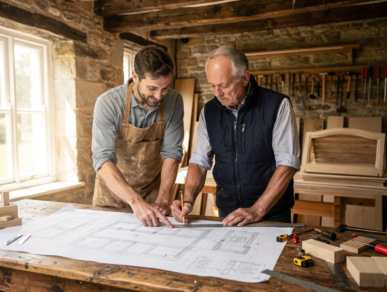 Harpenden Construction site management and craftsmen reviewing architectural joinery drawings